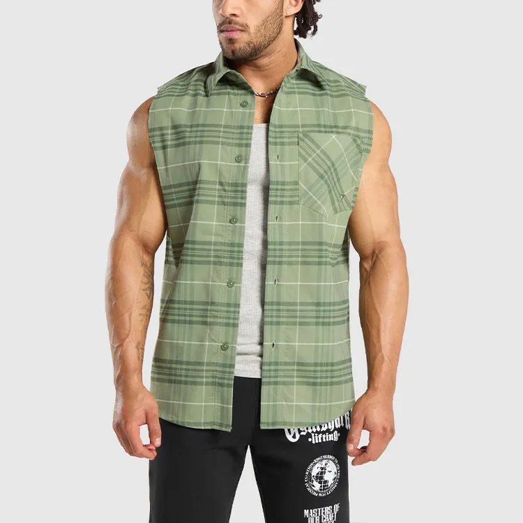 GYMSHARK CHECK SLEEVELESS SHIRT Men's Natural Sage Green-4