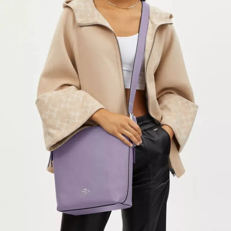 COACH ValeDuffle Leather Bucket Bag, Shoulder Bag, Crossbody Bag Medium Size Women's Silver & Light Purple-5