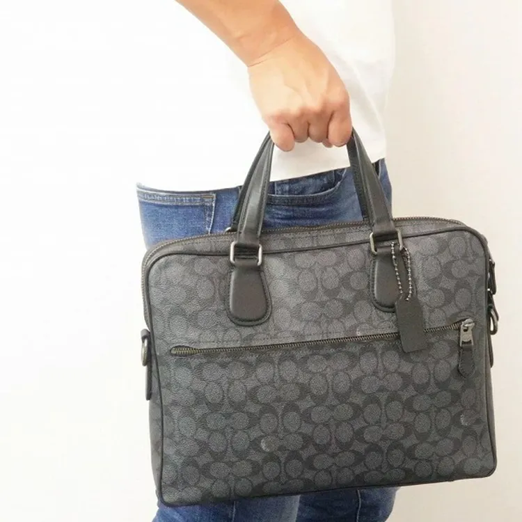 COACH Hudson Coated Canvas With Leather Portable Briefcase Shoulder Bag Crossbody Bag Large Size Men's Charcoal Black-3