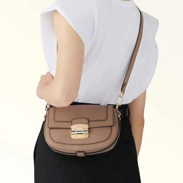 Furla Club 2 Calfskin Saddle Bag Shoulder Bag Crossbody Bag Small Size Women's Tan-3