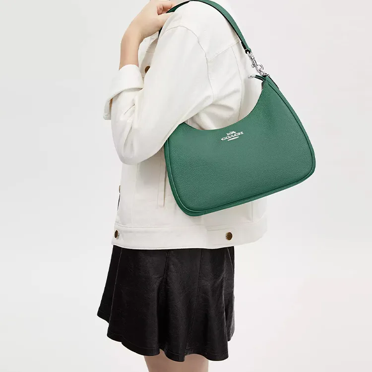 COACH Teri Pebbled Leather Crescent Bag, Shoulder Bag, Handbag, Shoulder Bag Tubas Women's Silver & Bright Green-4