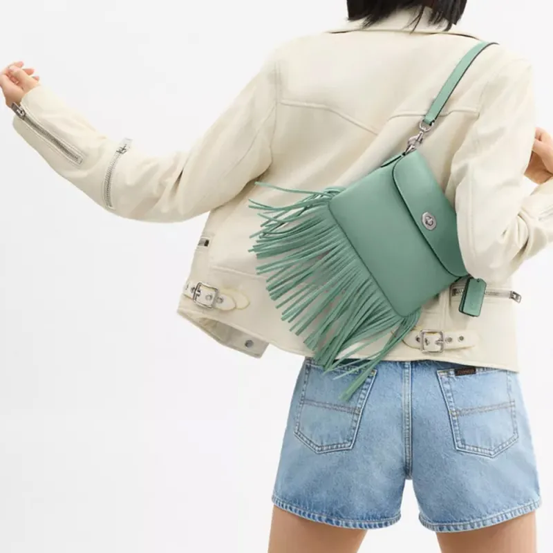 COACH 1964 Fringe Suede Tassel Bag Shoulder Bag Small Size Women's Aquamarine Stone Color-5