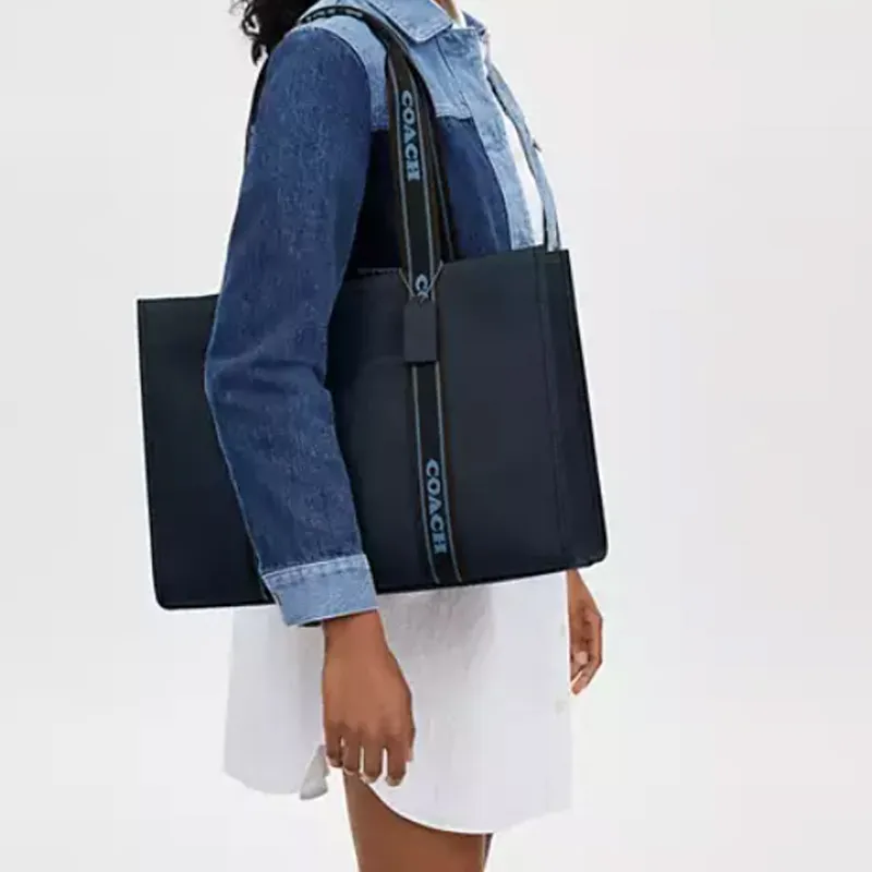 COACH Leather Tote Bag, Shopping Bag, Handbag Large Size Women's Midnight Marine Blue-3