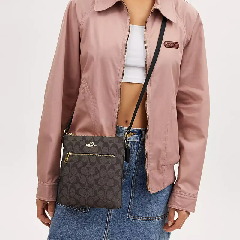 COACH Rowan Canvas With Recycled Leather Shoulder Bag, Crossbody Bag Trumpets Women's Gold & Brown Black-3