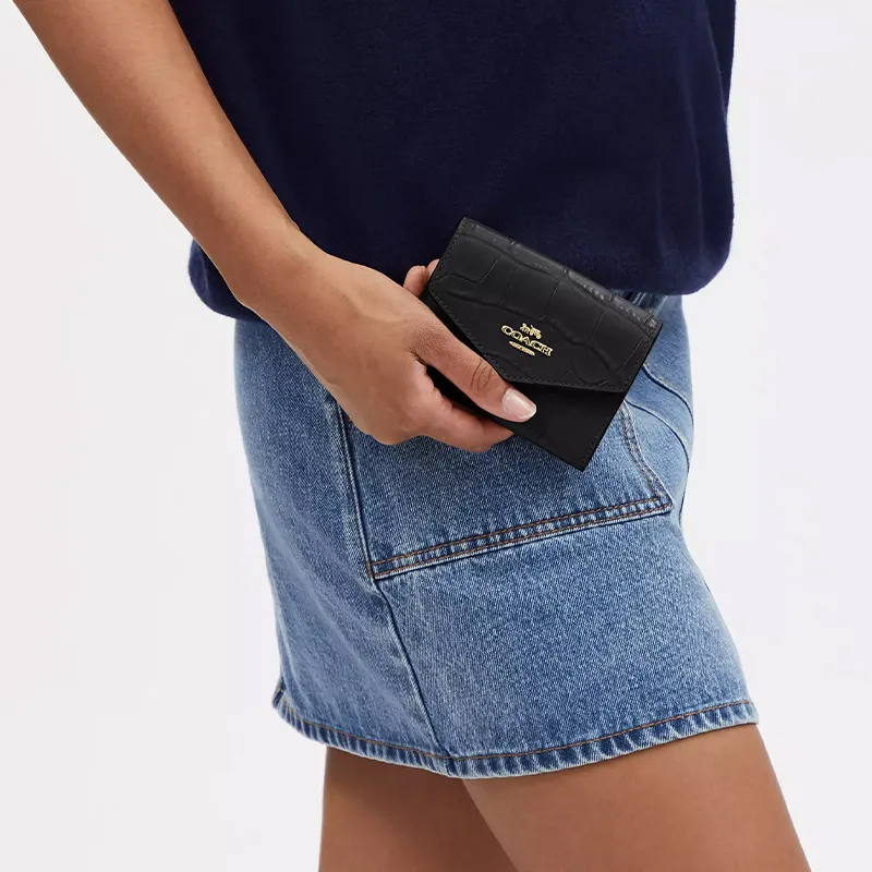 COACH Envelope Crocodile Embossed Leather Envelope Wallet Mini Women's Gold & Black-4