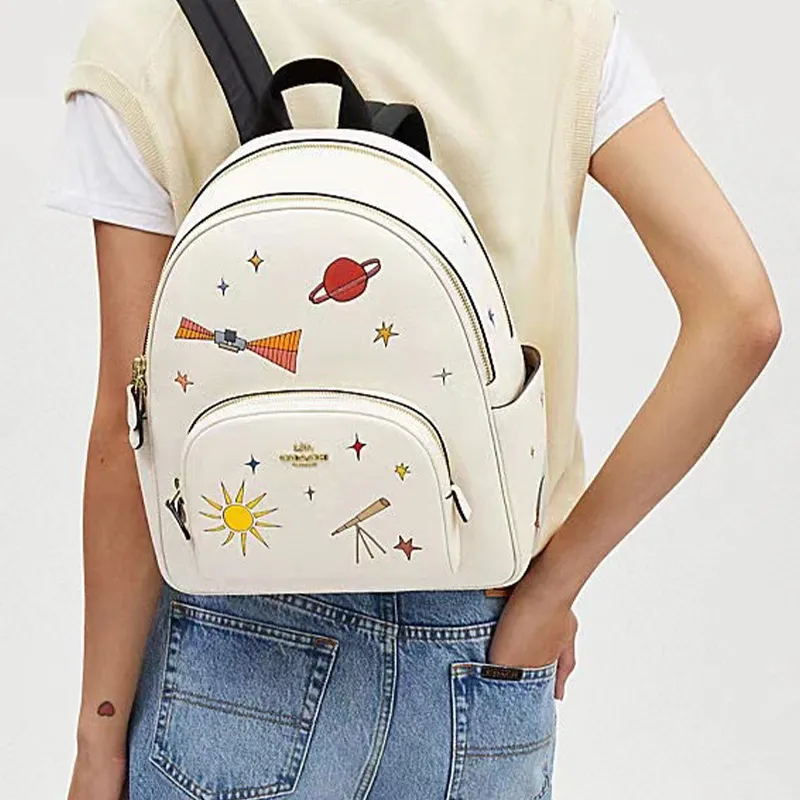 COACH Court Leather Backpack Large Size Women's Chalk Multicolor-4