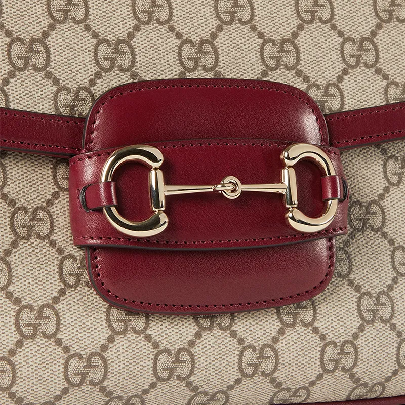 GUCCI Horsebit 1955 Canvas With Leather Crossbody Bag, Shoulder Bag Women's Beige & Red-6