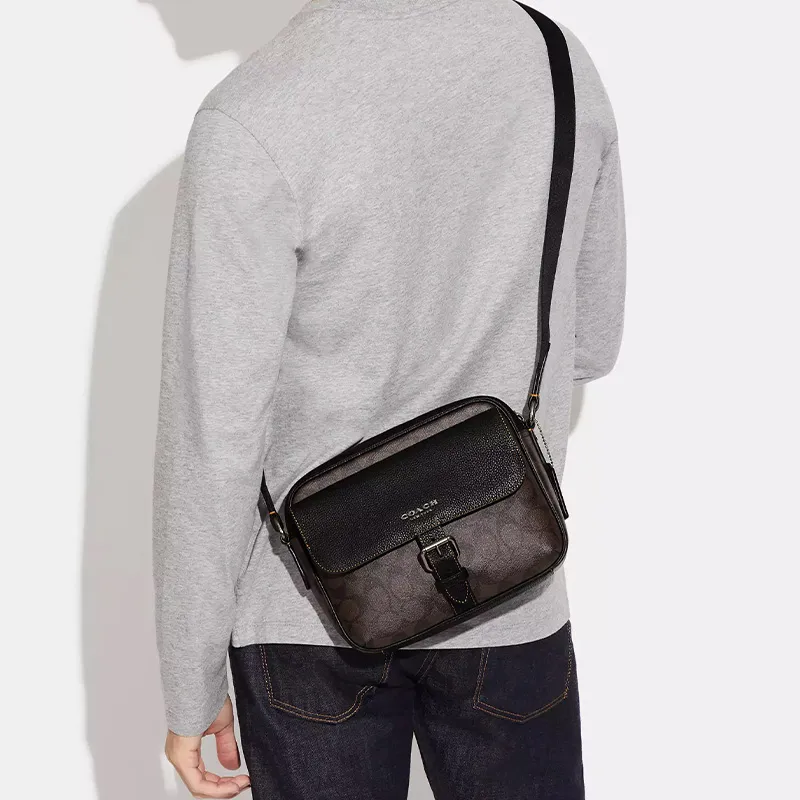 COACH Hudson Leather Crossbody Bag, Shoulder Bag Men's Bronze & Black-4