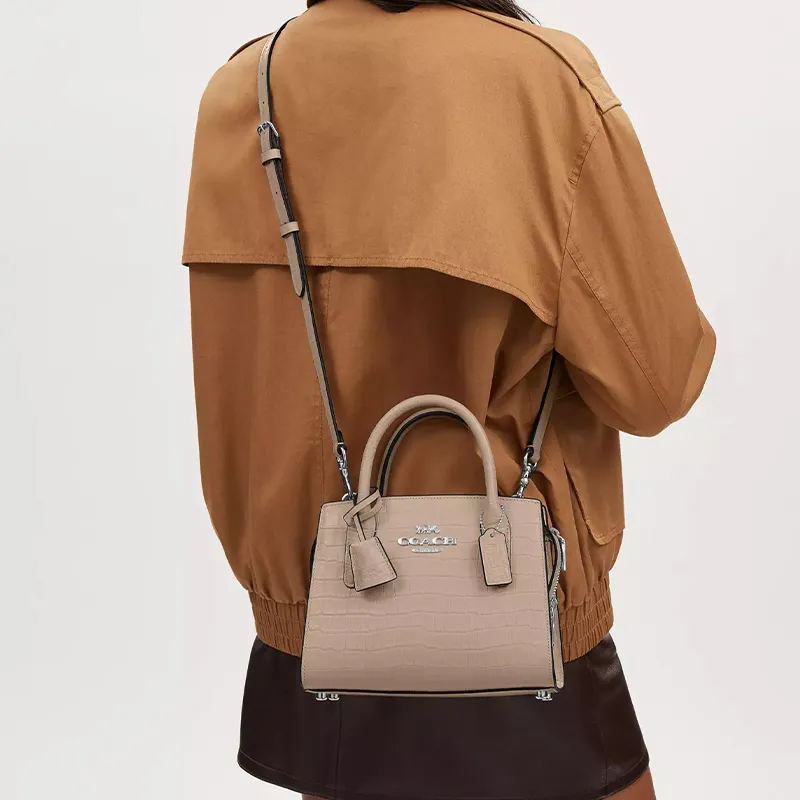 COACH Crocodile Embossed Leather Shoulder Bag, Crossbody Bag, Handbag Trumpets Women's Stone Color-3