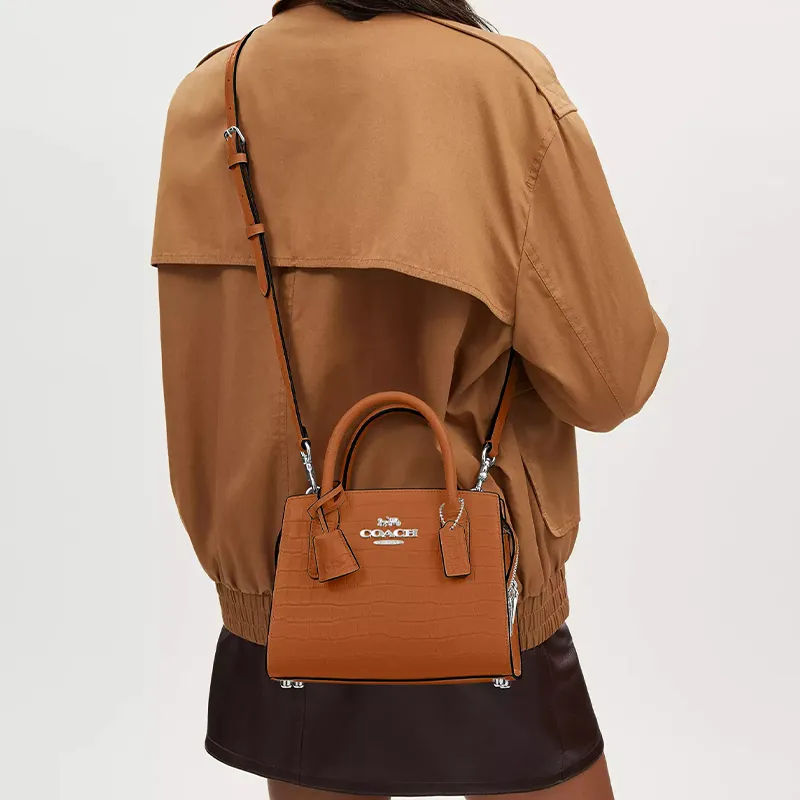 COACH Crocodile Embossed Leather Shoulder Bag, Crossbody Bag, Handbag Trumpets Women's Washed Orange-3