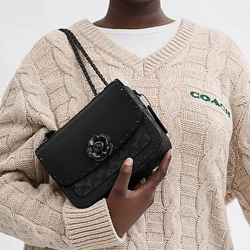 COACH Madison Cow Leather Patchwork With Artificial Leather Shoulder Bag Crossbody Bag Small Size Women's Black-4