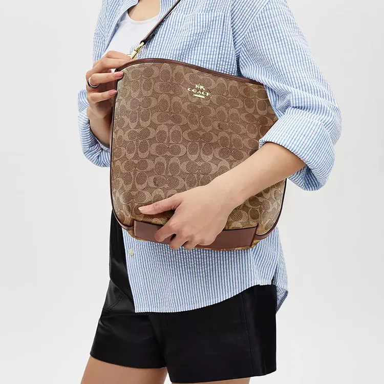 COACH Coated Canvas Bucket Bag Crossbody Handbag Shoulder Bag Large Size Women's Tan-4