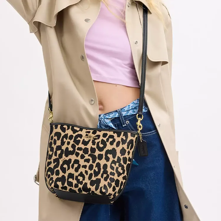 COACH Coated Canvas Bucket Bag Handbag Shoulder Bag Small Size Women's Leopard-3