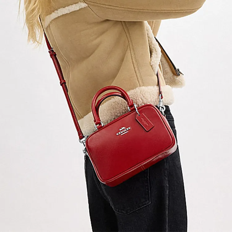 COACH Cow Leather Shoulder Bag, Crossbody Bag, Handbag Trumpets Women's Red-3