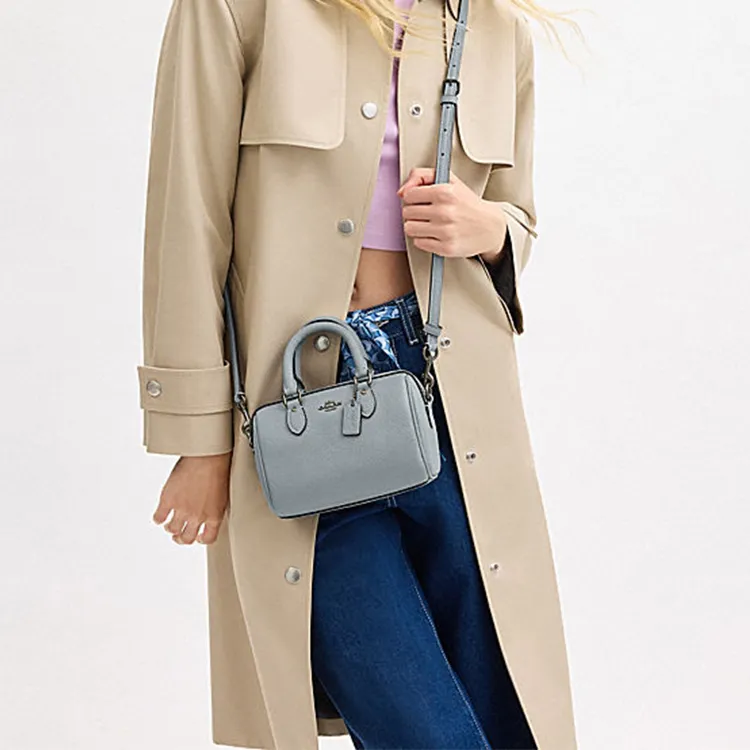 COACH Rowan Cow Leather Shoulder Bag, Crossbody Bag, Handbag Mini Women's Gray Blue-3