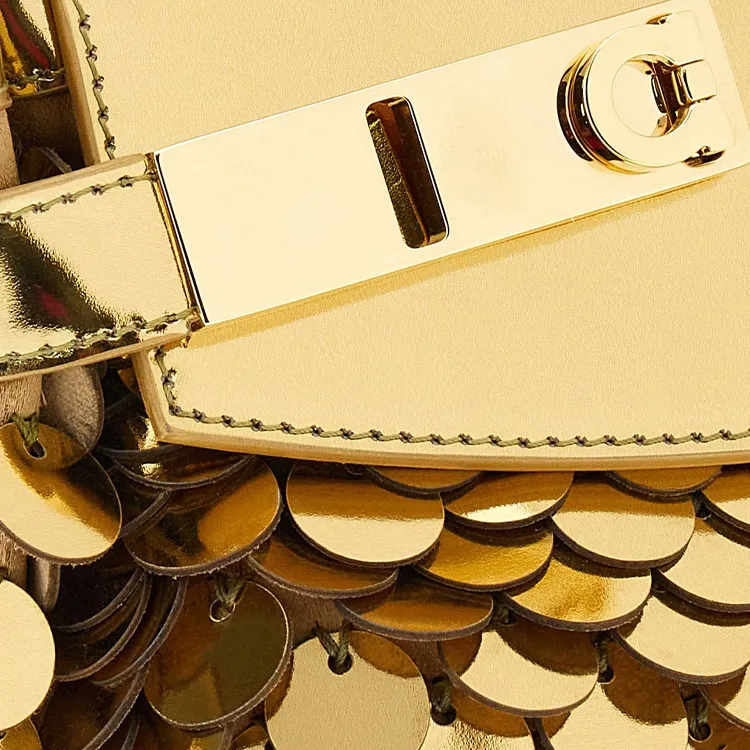 FERRAGAMO GANCINI Patent Leather Calfskin Fabric With Sequins One Shoulder Crossbody Clutches Small Size Women's Gold-5