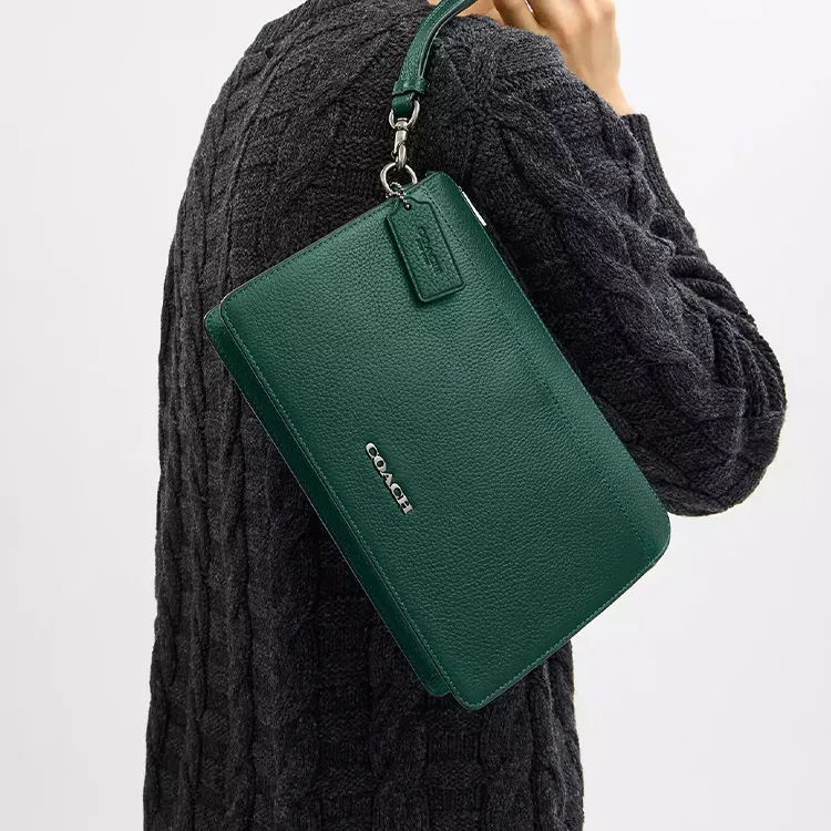 COACH Litchi Grain Leather Clutch Medium Size Men's Green-3
