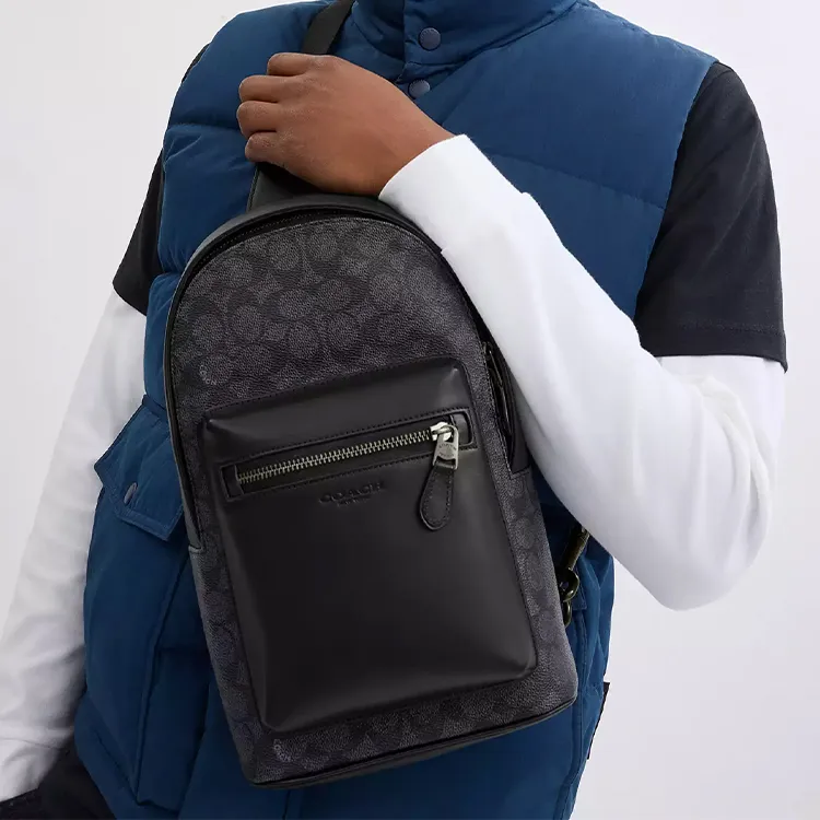 COACH West Coated Canvas Crossbody Bags Sling Bags Small Size Men's Charcoal Black-4