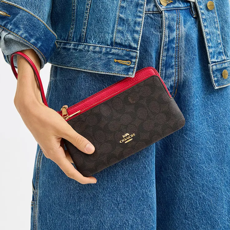 COACH Coated Canvas Wallet Small Size Women's Walnut Wood With Red Accents-2