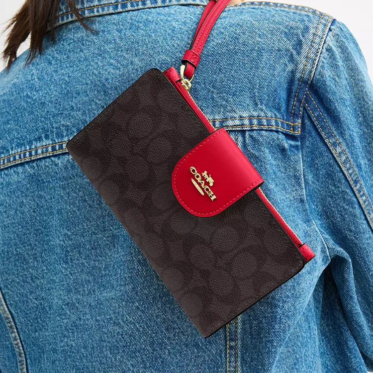COACH Coated Canvas Wallet Trumpets Women's Walnut Wood & Red-4