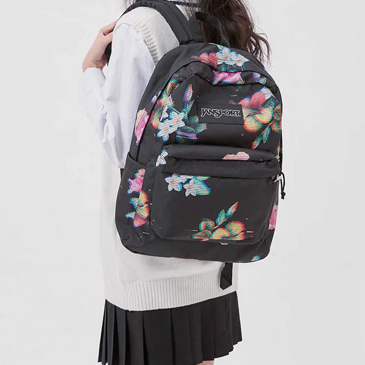 JanSport Polyester Backpack Medium Size Women's Coral Flower-3