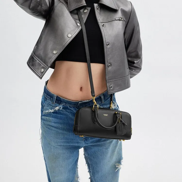 COACH Bowery Glove Tanning Shoulder Bag, Crossbody Bag, Handbag Medium Size Women's Brass & Black-5