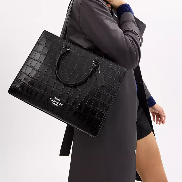 COACH Maggie Leather Tote Bag, Shopping Bag, Shoulder Bag, Handbag Tubas Women's Silver & Black-5