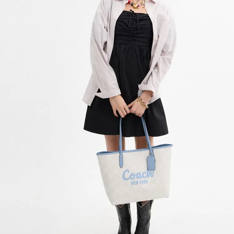 COACH Coated Canvas Tote Bag, Shopping Bag, Handbag, Shoulder Bag Tubas Women's White & Blue-3