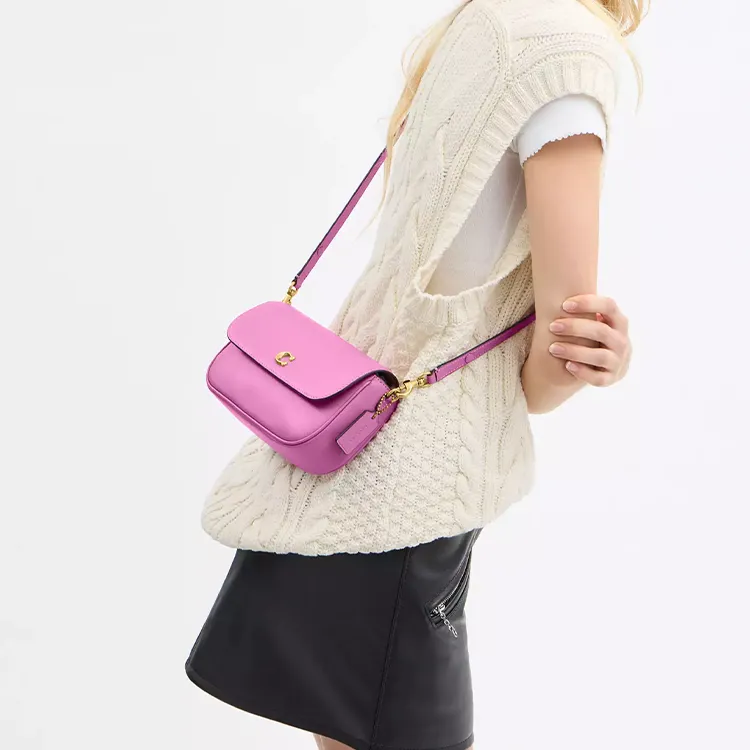 COACH Calfskin Crossbody Bag Shoulder Bag Medium Size Women's Brass & Fuchsia-6
