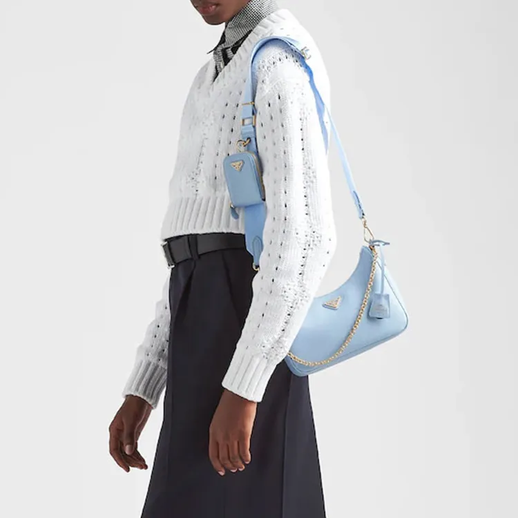 PRADA Re-Edition Saffiano Leather Nylon Crossbody Bag Shoulder Bag Women's Light Blue-7