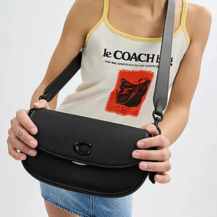 COACH Cow Leather Saddle Bag Handbag Shoulder Bag Crossbody Bag Medium Size Women's Black-6