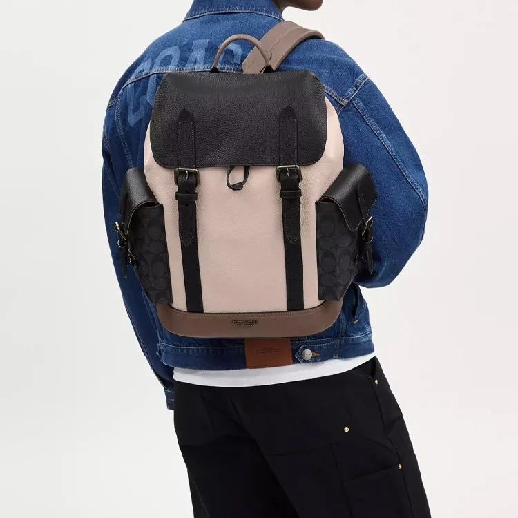COACH Hudson Elegant Pebbled Leather With Signature Coated Canvas Backpack Large Size Men's Charcoal Gray-4