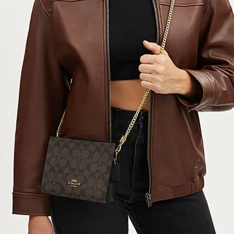COACH Artificial Leather With Cow Split Leather Shoulder Bag, Crossbody Bag Trumpets Women's Brown & Black-4