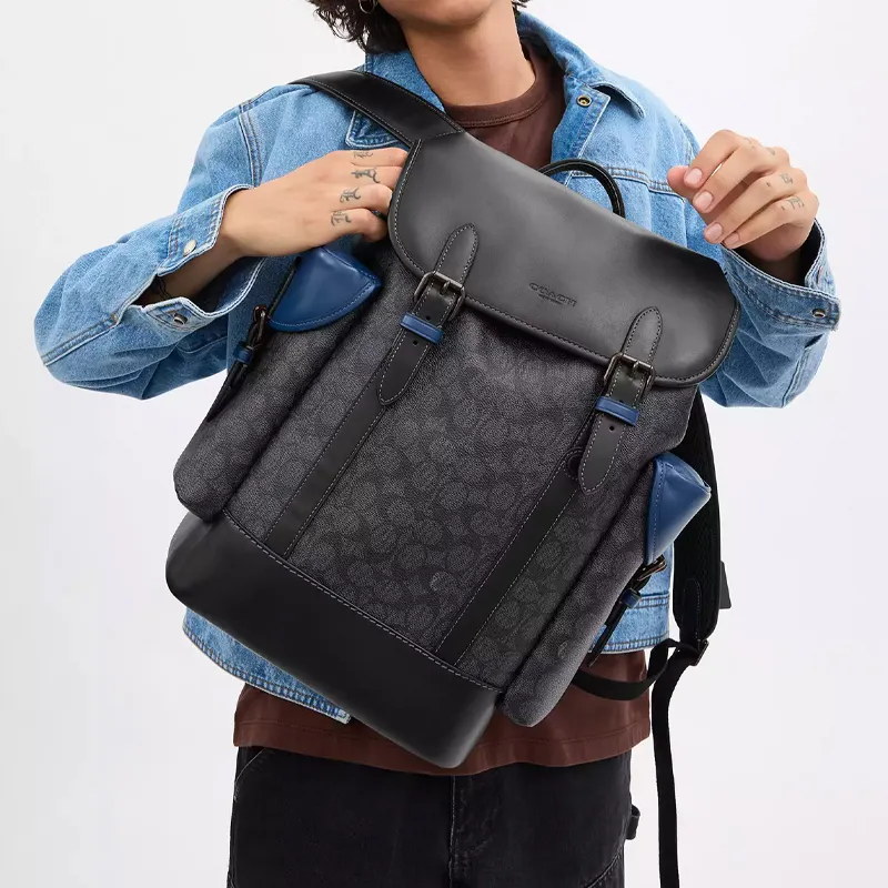 COACH Hitch Coated Canvas With Refined Calfskin Backpack Large Size Men's Black-4