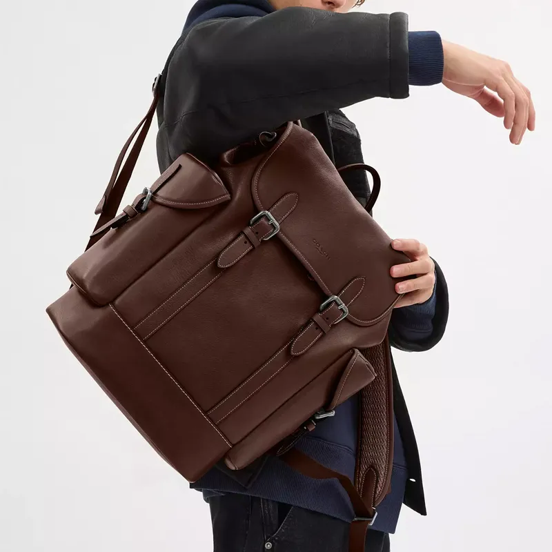 COACH Hitch Natural Grain Leather Backpack Tubas Men's Maple-4