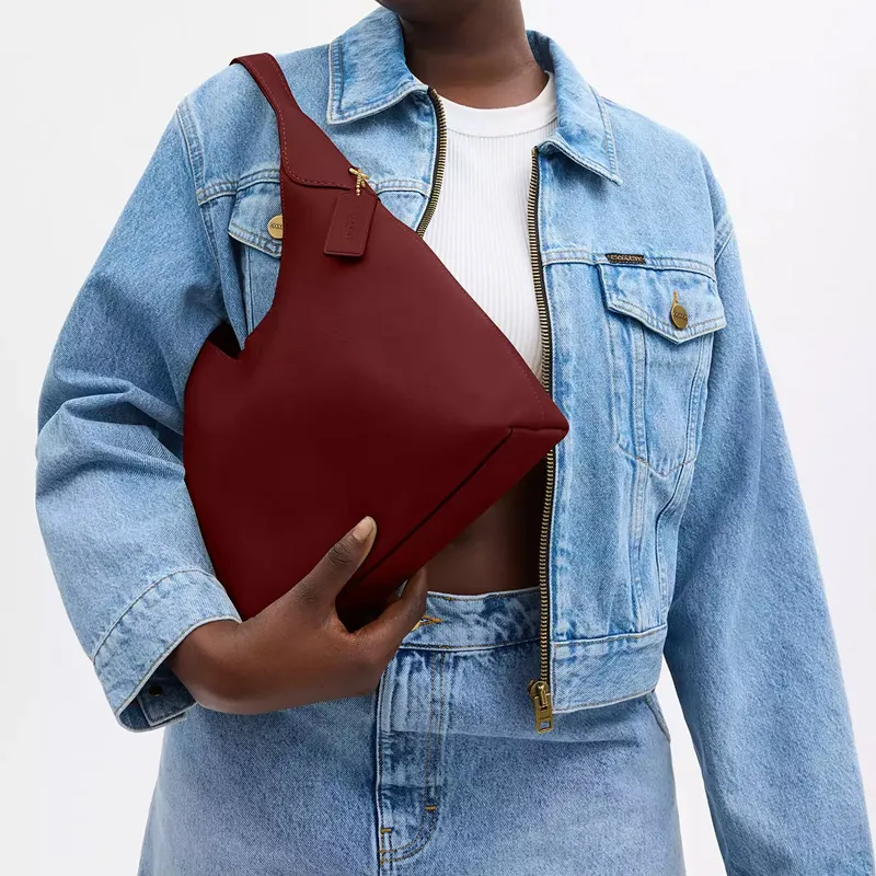 COACH Natural Grained Leather Handbag Shoulder Bag Large Size Women's Dark Red Gemstone-5