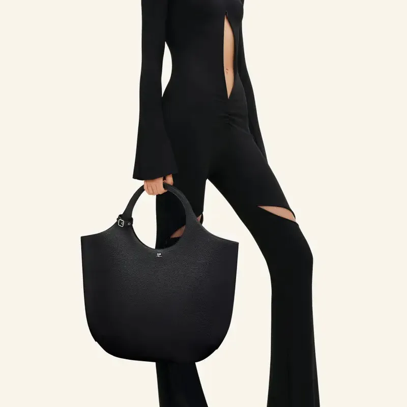 COURREGES Grain Leather Shoulder Bag, Crossbody Bag, Handbag Large Size Women's Black-3
