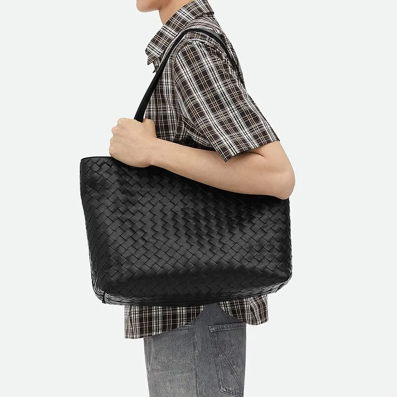 Bottega Veneta Cow Leather Tote Bag Shopping Bag Handbag Small Size Men's Black-5