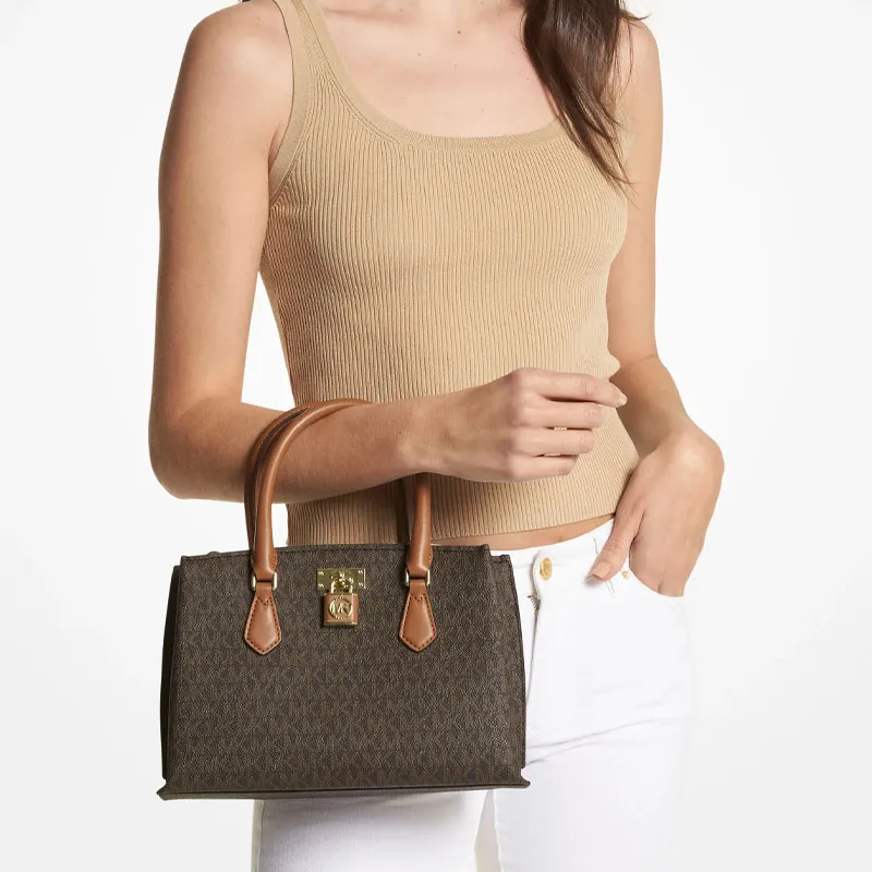 MICHAEL KORS MK Ruby Polyurethane Briefcase, Shoulder Bag, Crossbody Bag, Handbag Small Size Women's Brown-5