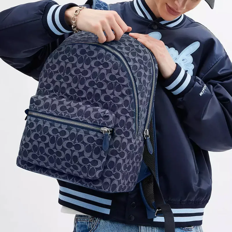 COACH Charter Denim With Calfskin Backpack Large Size Men's Dark Blue-5