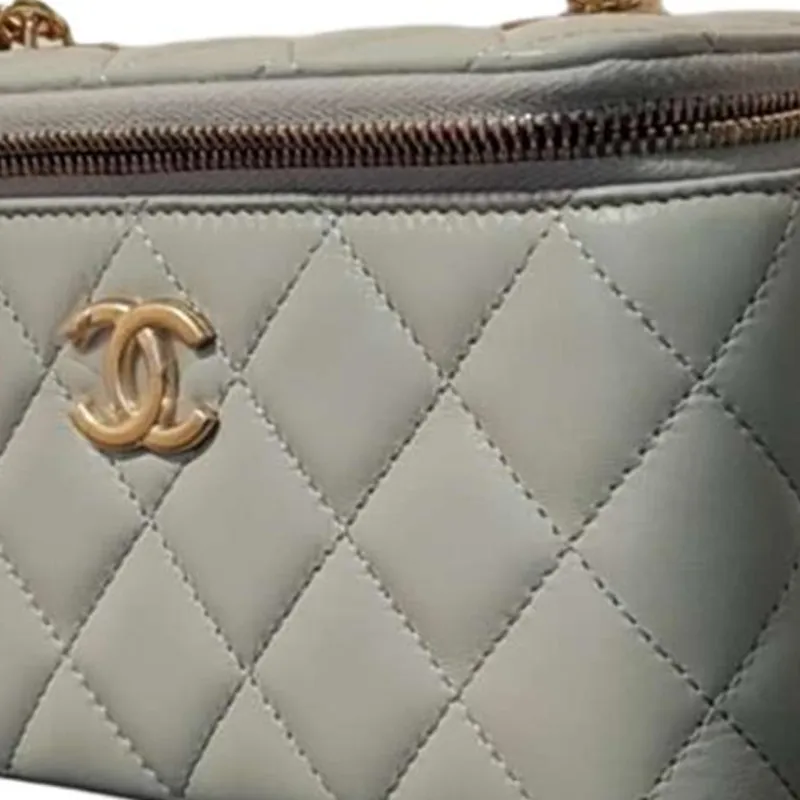 CHANEL Sheepskin One Shoulder Makeup Bag Women's Light Gray-4