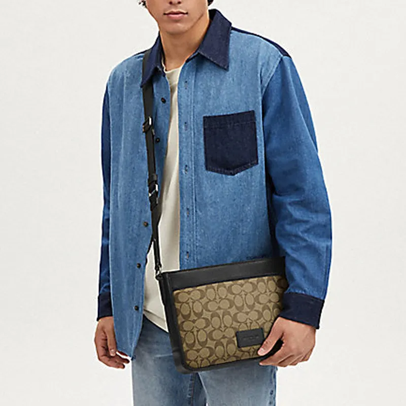 COACH Leather Paneled Canvas Bag, Shoulder Bag, Crossbody Bag Tubas Men's Bronze & Khaki & Black-3