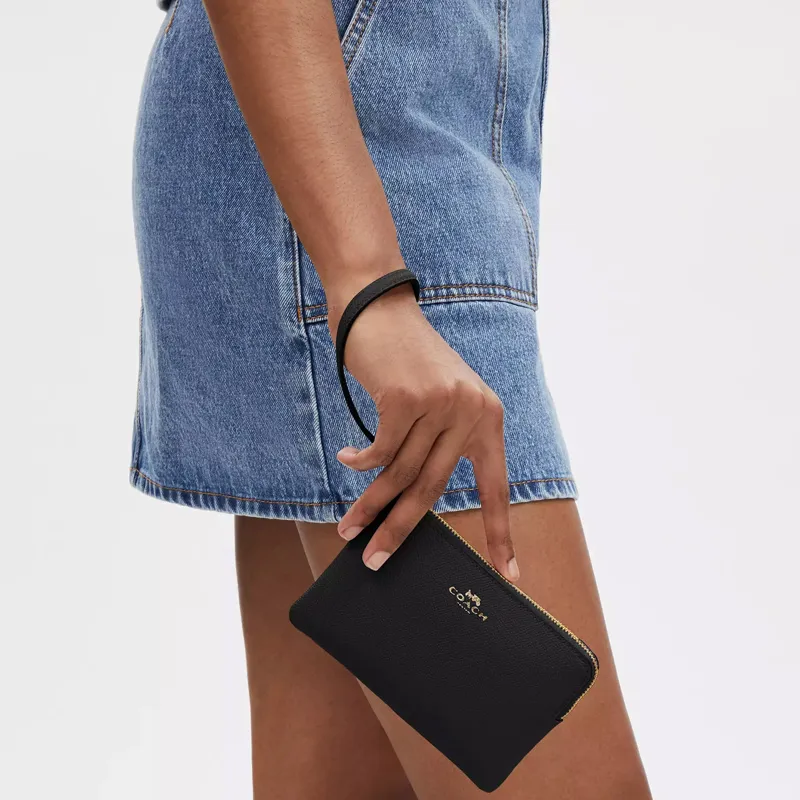 COACH Corner Zip Recycled Leather Wrist Bag Small Size Women's Gold & Midnight-2
