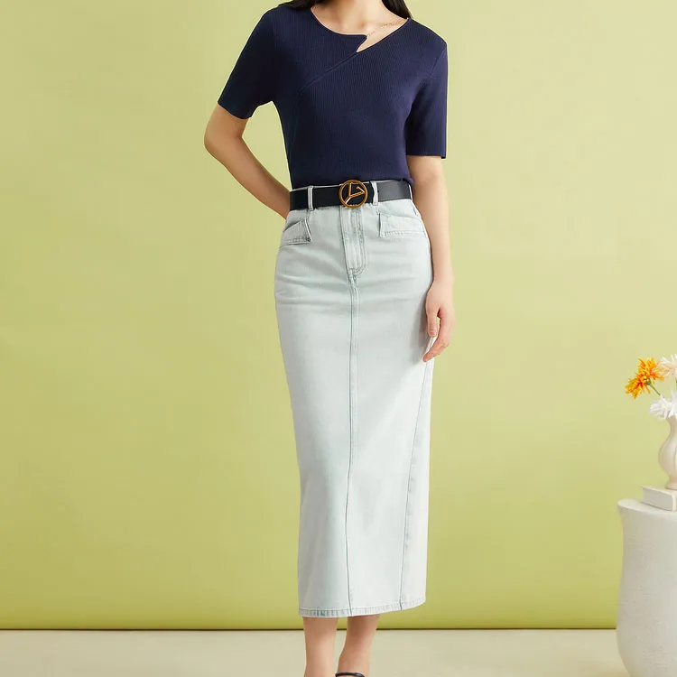 Yiner Denim Long Skirt Women's Bell Blue-1