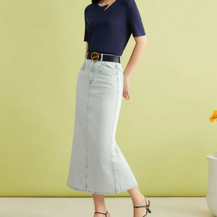 Yiner Denim Long Skirt Women's Bell Blue-3