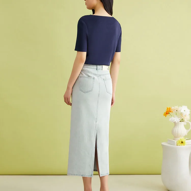Yiner Denim Long Skirt Women's Bell Blue-2
