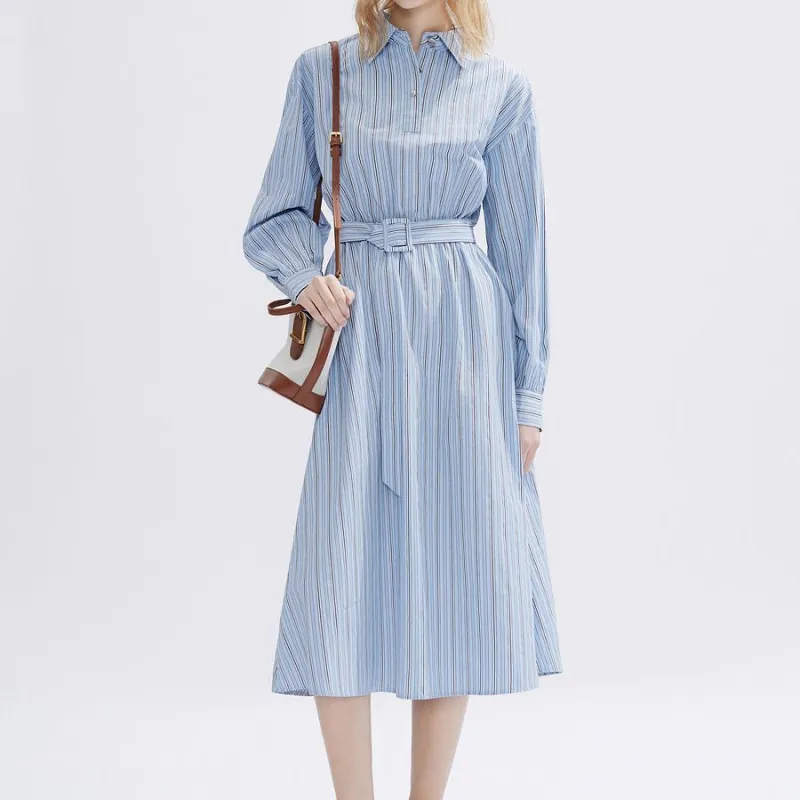 DKNY SS24 Long Sleeved Dress Women's Blue Stripes Pattern-1