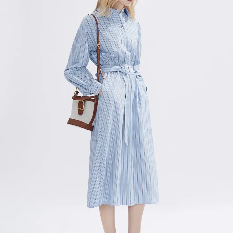 DKNY SS24 Long Sleeved Dress Women's Blue Stripes Pattern-3