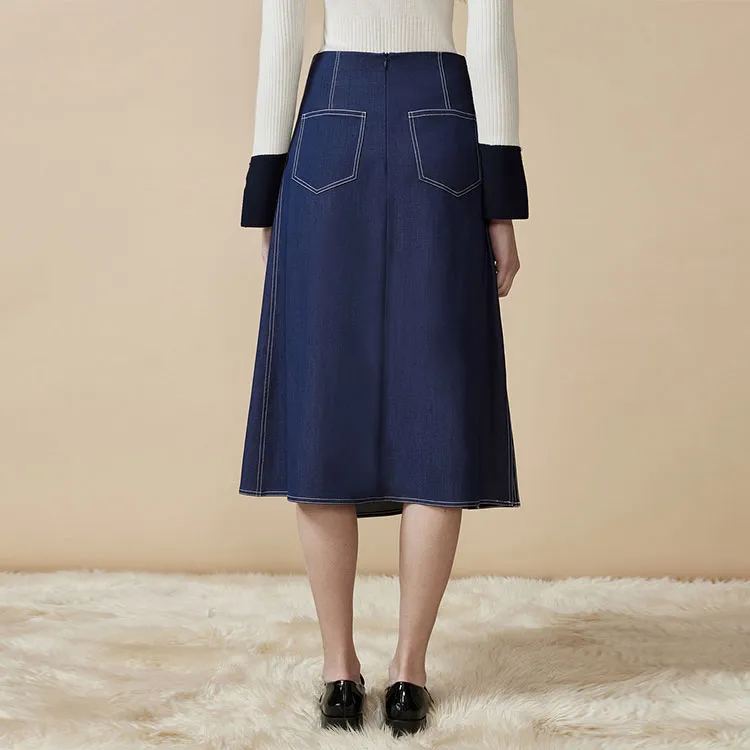 DKNY Denim Long Skirt Women's Navy Blue-3