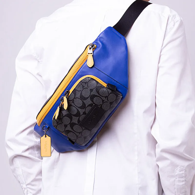 COACH Cow Leather Sling Bags One Shoulder Crossbody Fanny Pack Large Size Men's Black & Blue & Yellow-5